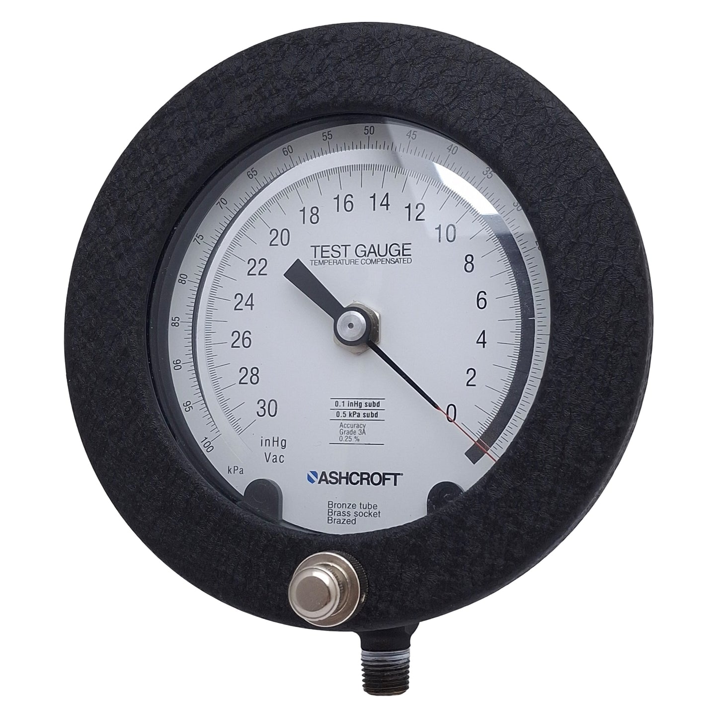 Used Ashcroft 451082AS02L30IMV&100KPA Test Gauge, ø4.5in Dial, 0-30inHg/0-100kPa