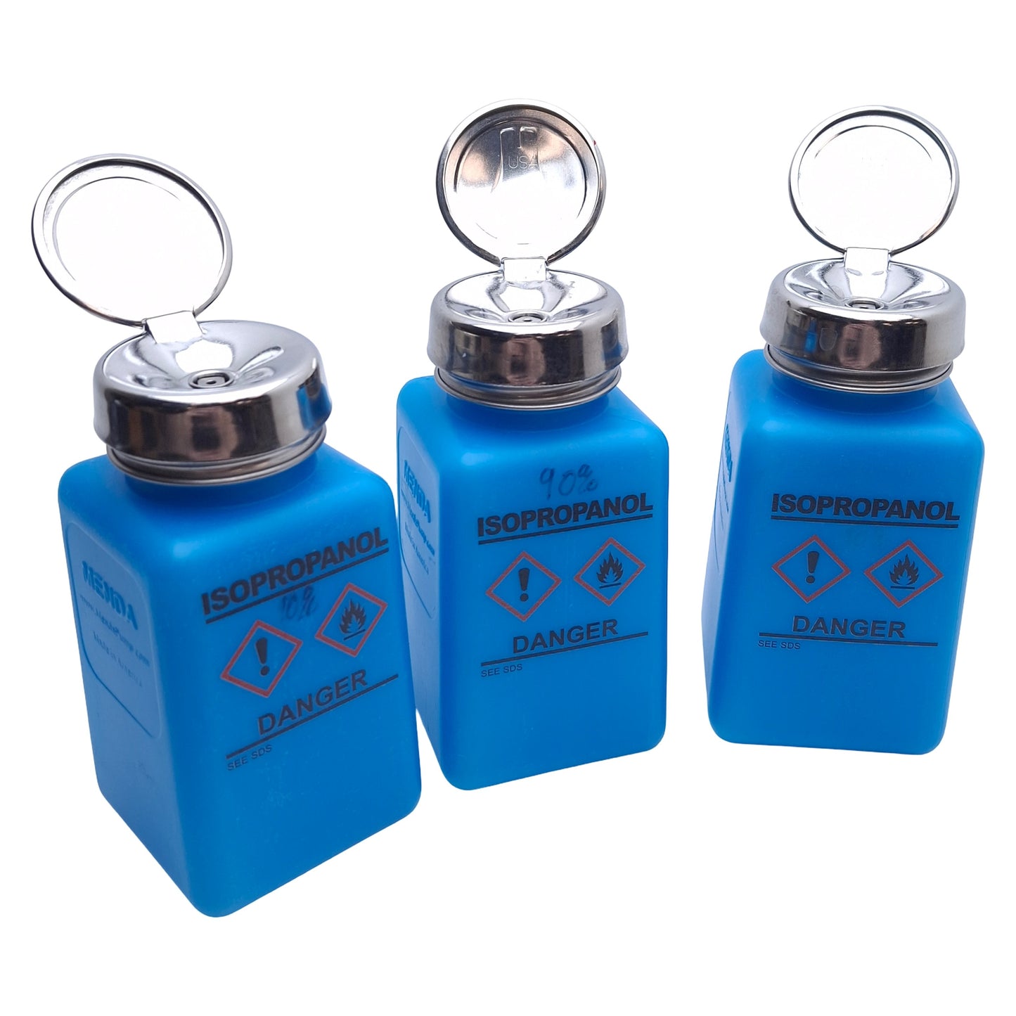 Used Lot of 3 Menda 35735 Sqaure HDPE Bottle w/ One-Touch Pump, 6oz Capacity, 0.2cc