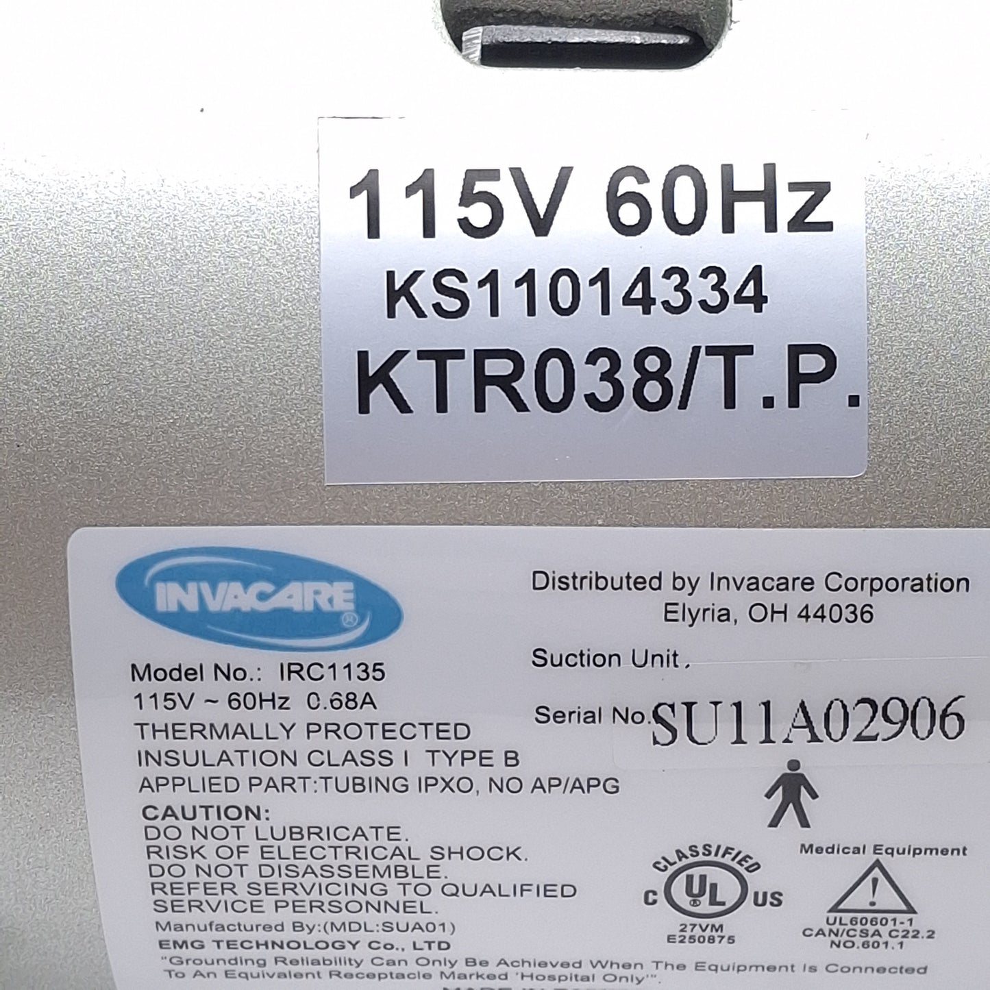 Used Invacare IRC1135 Aspirator Vacuum Suction Pump, 115VAC, 0-520mm Hg, 0-40LPM