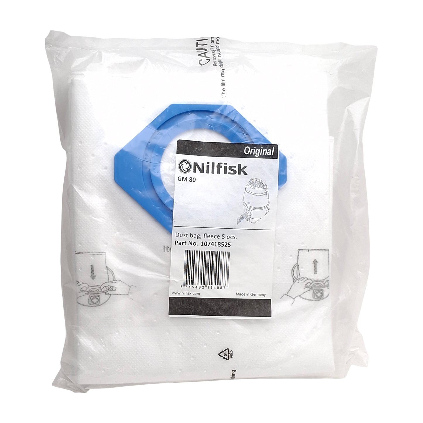 New Nilfisk 107418525 Disposable Fleece Bags for GM80CR/IV1000CR Vacuums, 5-Pack