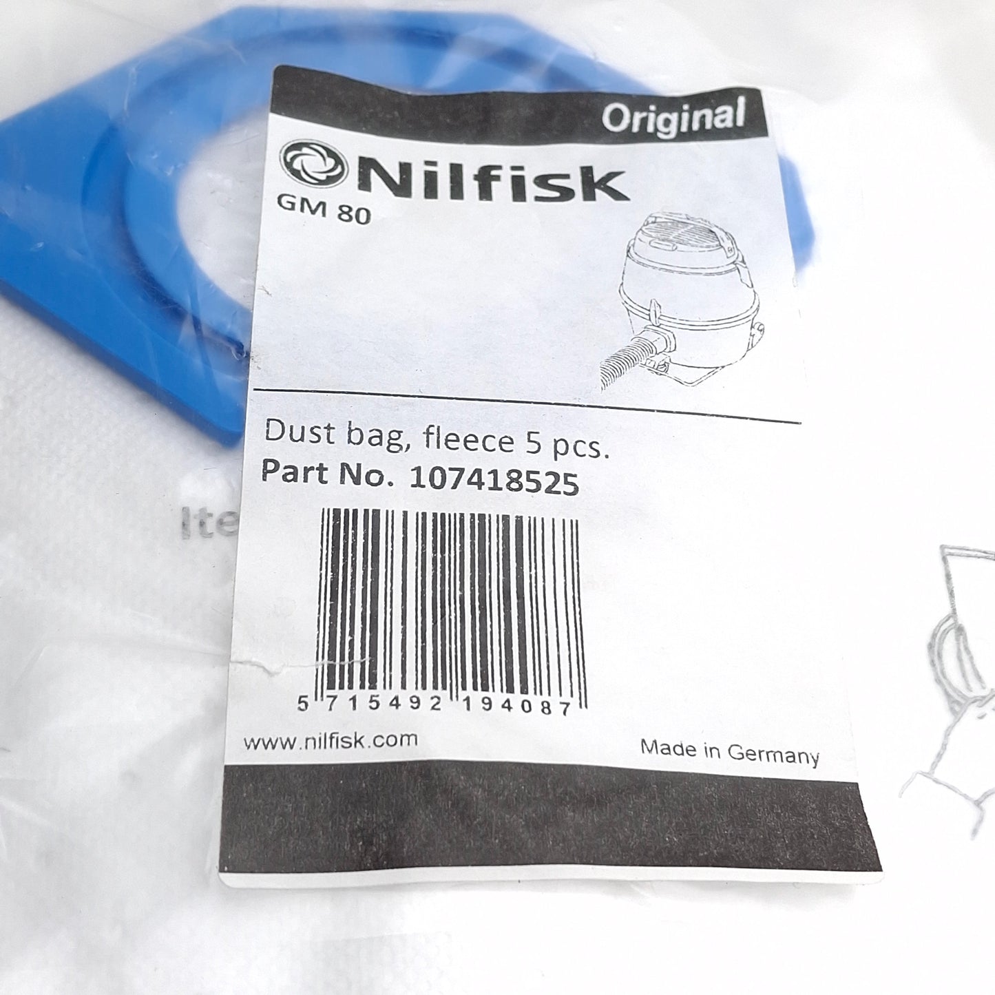 New Nilfisk 107418525 Disposable Fleece Bags for GM80CR/IV1000CR Vacuums, 5-Pack