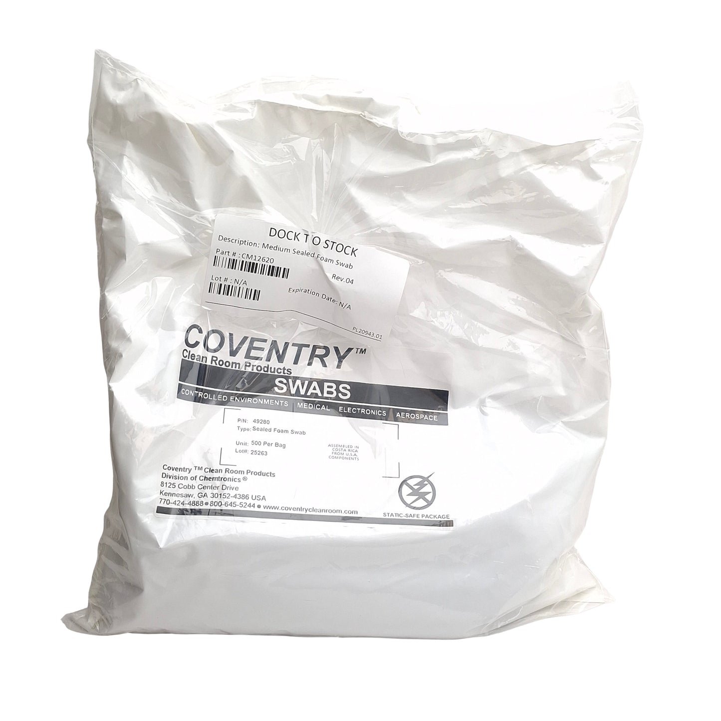 New Coventry 49280 Bag of 500 Cleanroom Medium Sealed Foam Swabs, 6.5in x ø0.19in