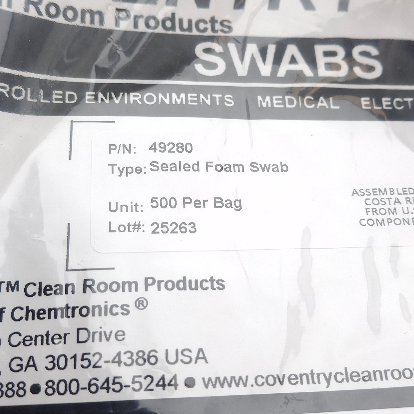 New Coventry 49280 Bag of 500 Cleanroom Medium Sealed Foam Swabs, 6.5in x ø0.19in