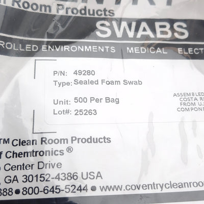 New Coventry 49280 Bag of 500 Cleanroom Medium Sealed Foam Swabs, 6.5in x ø0.19in