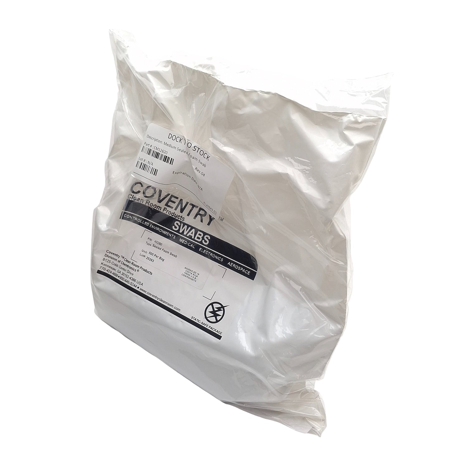 New Coventry 49280 Bag of 500 Cleanroom Medium Sealed Foam Swabs, 6.5in x ø0.19in
