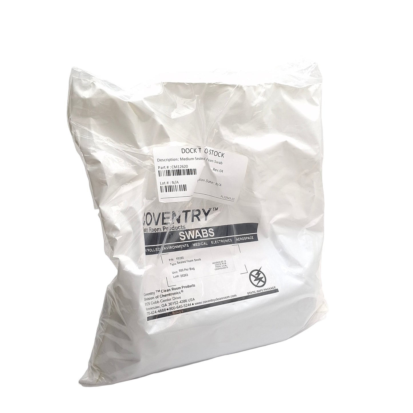 New Coventry 49280 Bag of 500 Cleanroom Medium Sealed Foam Swabs, 6.5in x ø0.19in