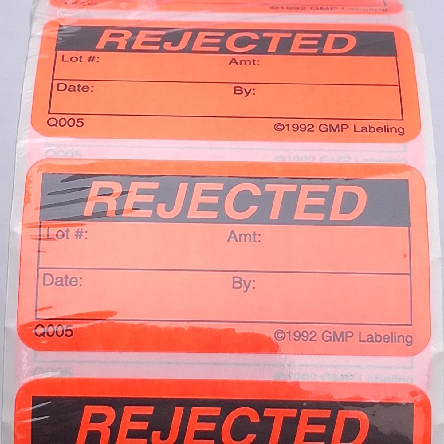 New GMP Labeling Q005 Rejected Label, 1000/Roll, 2 x 1in Rectangle, Thermal Transfer