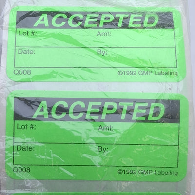 New GMP Labeling Q008 Accepted Label, 1000/Roll, 2 x 1in Rectangle, Thermal Transfer