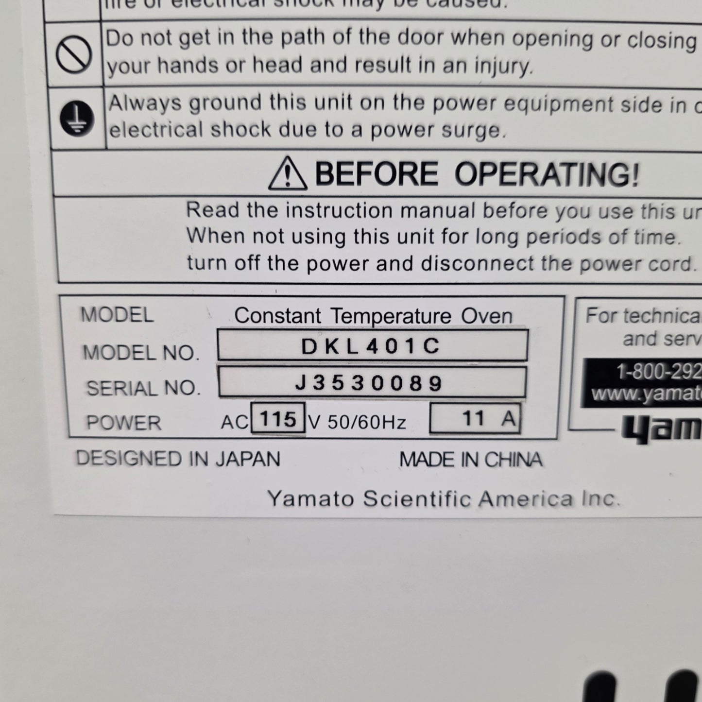 Used Yamato DKL401C Forced Air Benchtop Laboratory Oven 90L Amb+10°C To 260°C 120VAC