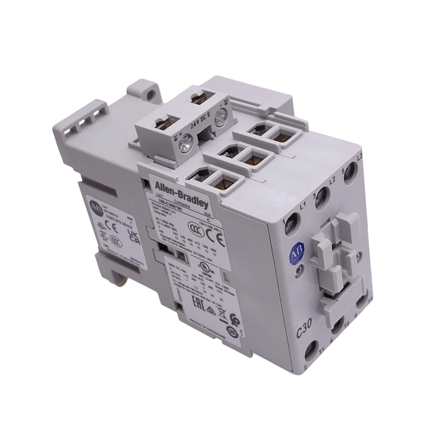 Used Allen Bradley 100-C30EJ10 Contactor, 3-Pole, 1NO AUX, 30A 25hp Max, 24VDC Coil