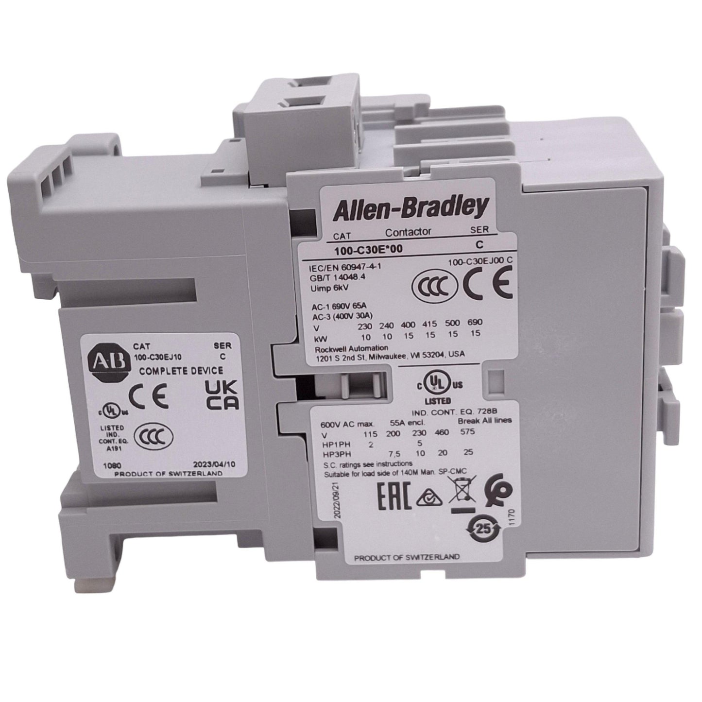 Used Allen Bradley 100-C30EJ10 Contactor, 3-Pole, 1NO AUX, 30A 25hp Max, 24VDC Coil