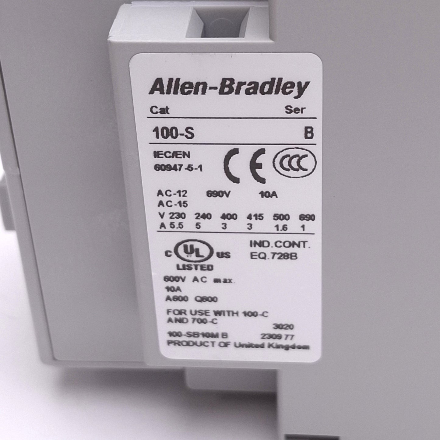 Used Allen Bradley 100-C30EJ10 Contactor, 3-Pole, 1NO AUX, 30A 25hp Max, 24VDC Coil