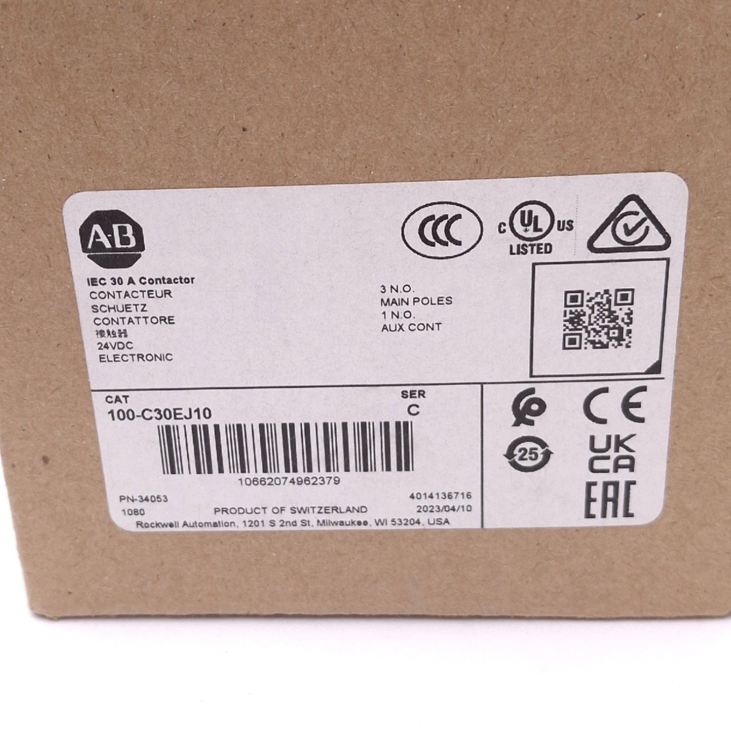 Used Allen Bradley 100-C30EJ10 Contactor, 3-Pole, 1NO AUX, 30A 25hp Max, 24VDC Coil