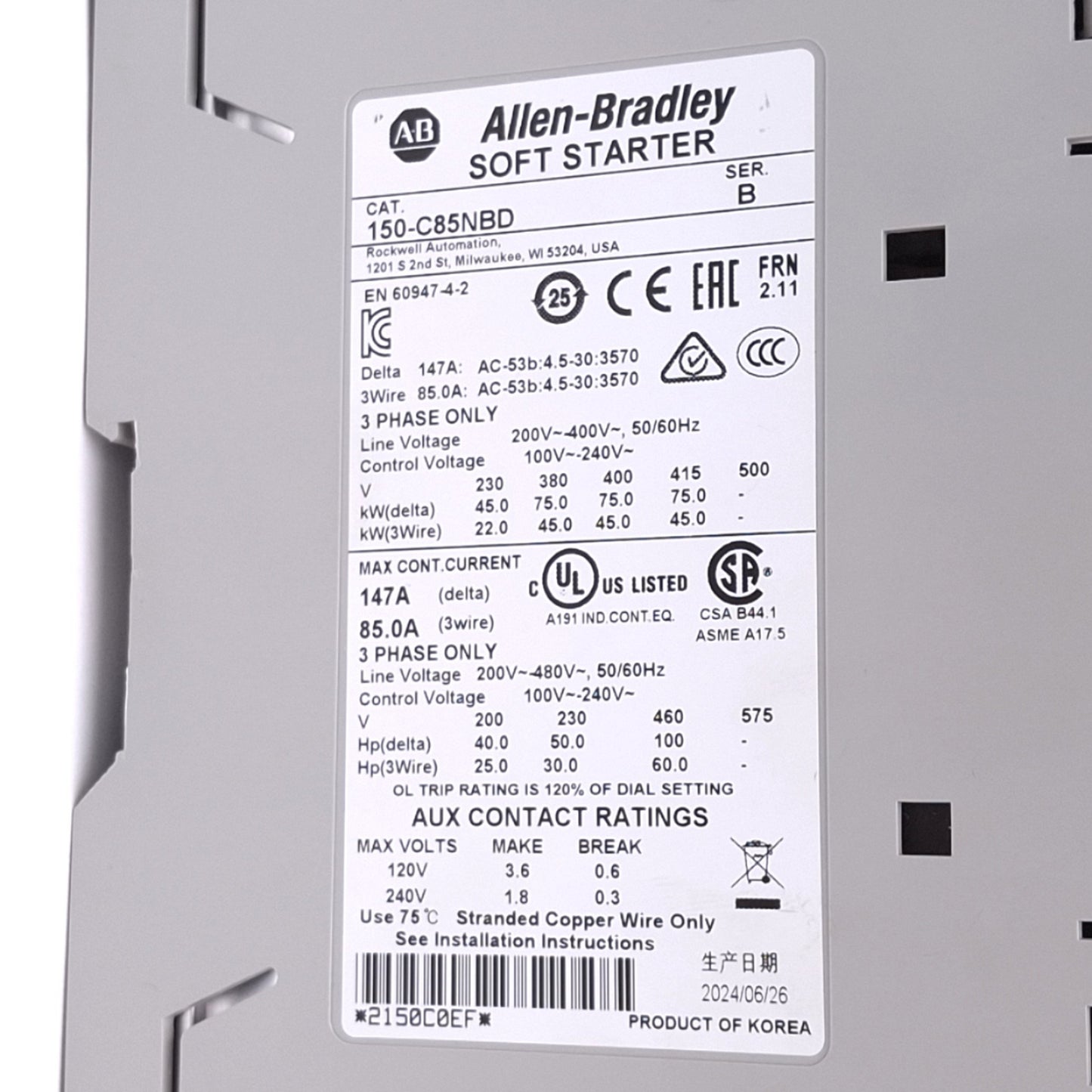 Used Allen Bradley 150-C85NBD SMC-3 Soft Starter, 3-Phase 200-480VAC In, 100hp Max