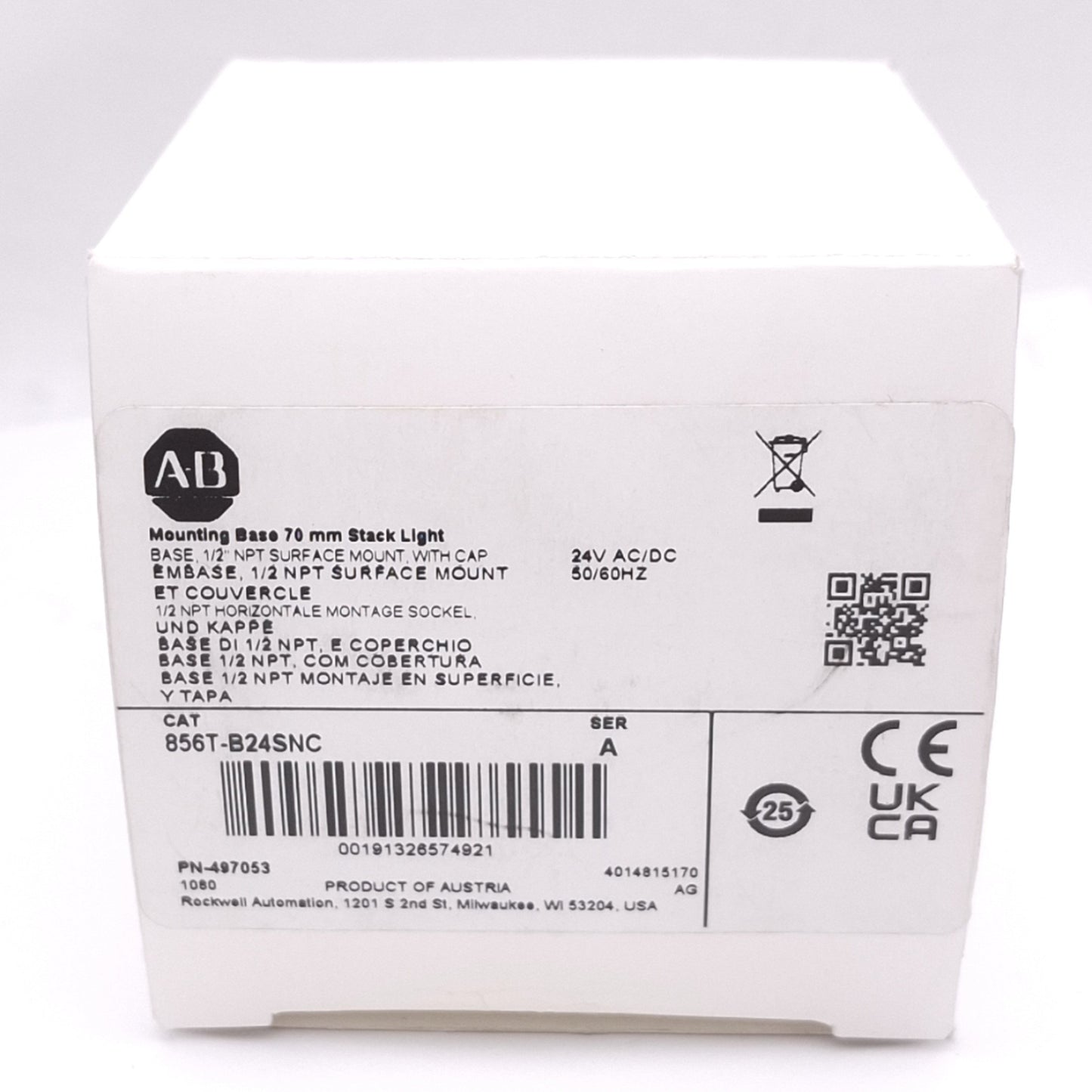 New Allen Bradley 856T-B24SNC Stack Light Mounting Base Module, 70mm, 24VAC/DC