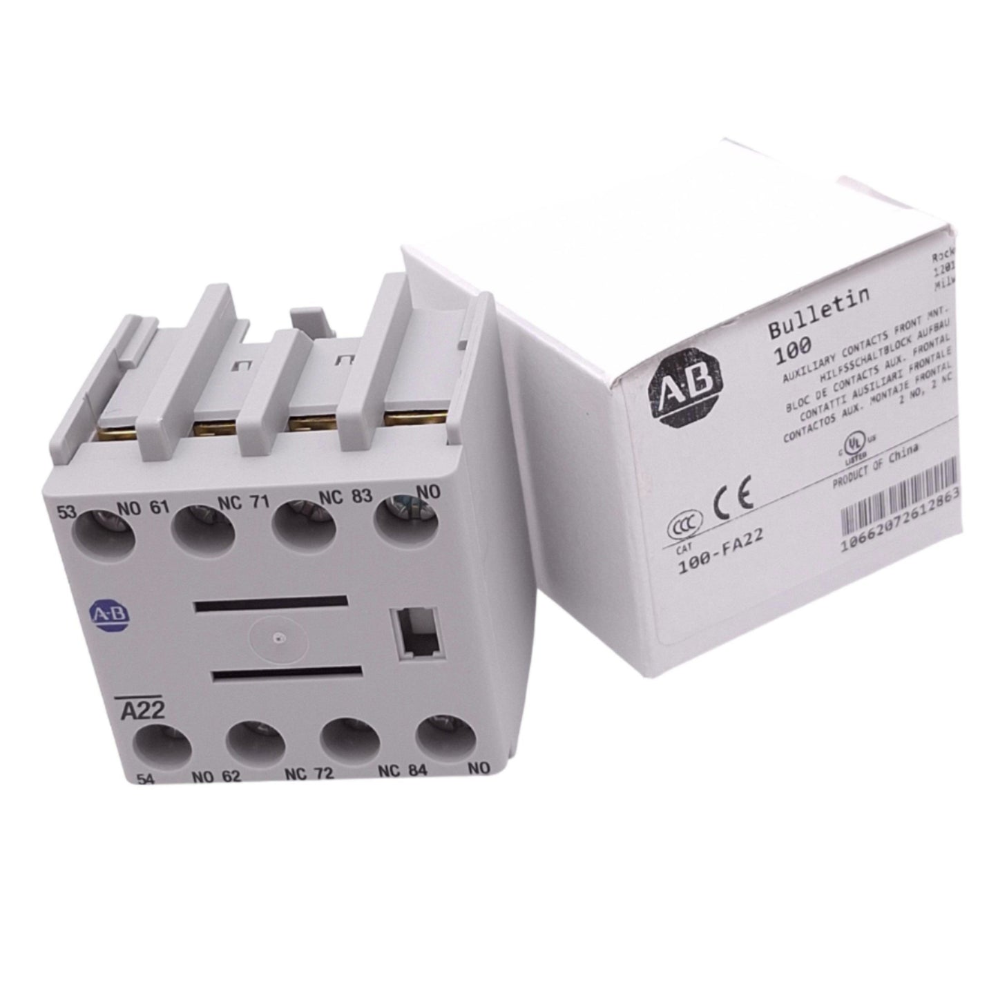 New Allen Bradley 100-FA22 Auxiliary Contact Block, 2NO 2NC, 600VAC 10A, Front Mount