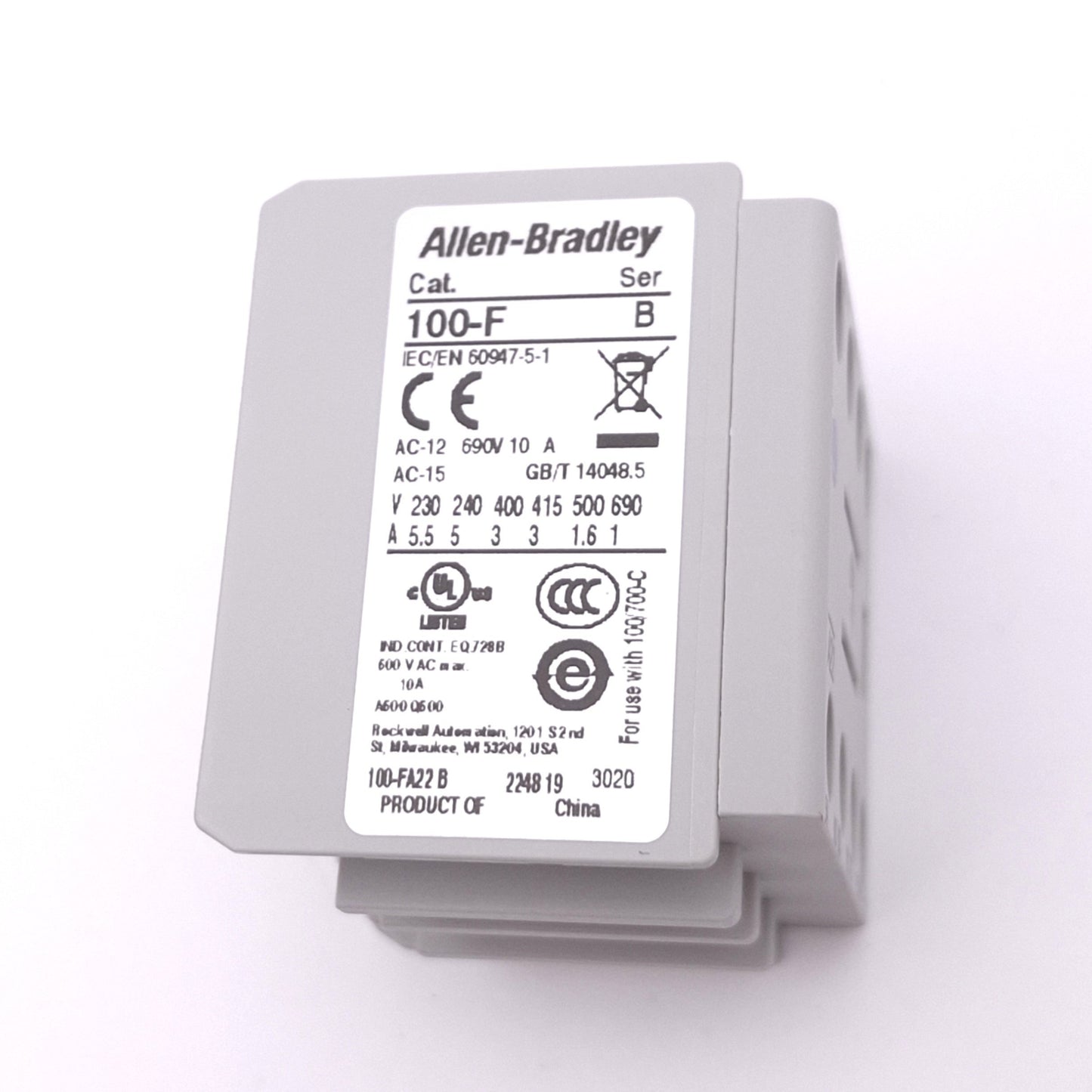 New Allen Bradley 100-FA22 Auxiliary Contact Block, 2NO 2NC, 600VAC 10A, Front Mount