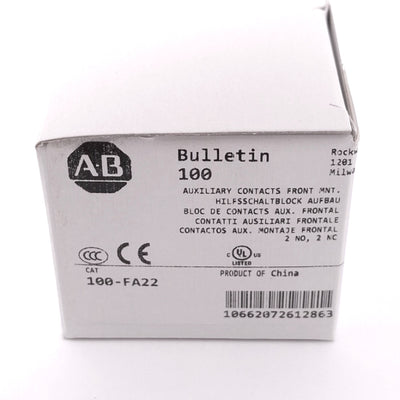 New Allen Bradley 100-FA22 Auxiliary Contact Block, 2NO 2NC, 600VAC 10A, Front Mount