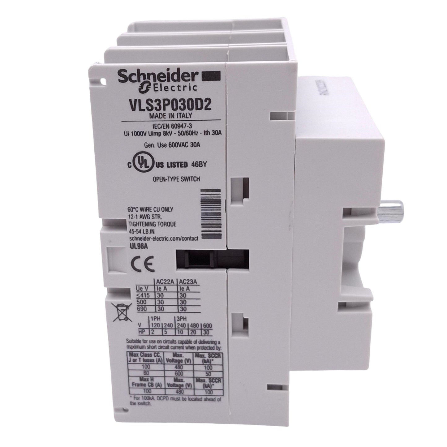 New Schneider Electric VLS3P030D2 Disconnect Switch, 3-Pole, 30A 600VAC Max