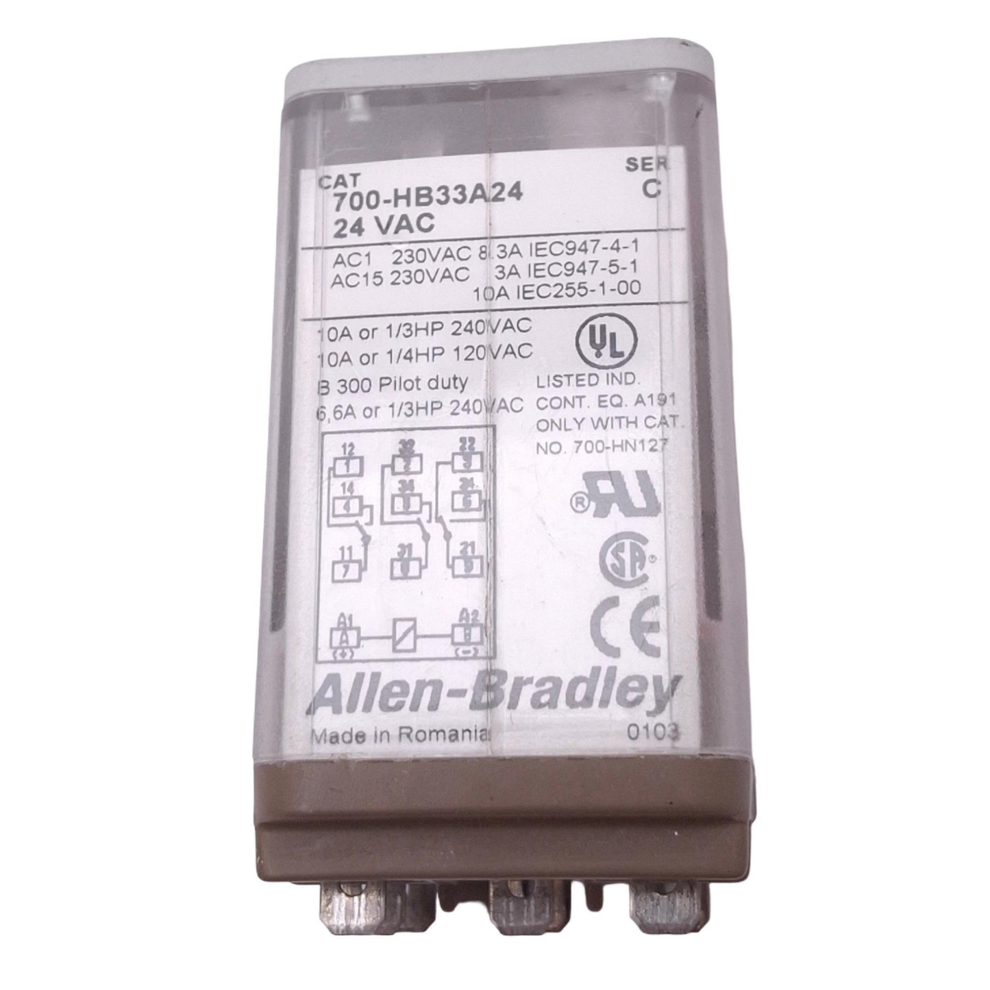 Used Allen Bradley 700-HB33A24 Ice-Cube Relay, 3PDT, 11-Pin, 15A Max, 24VAC Coil