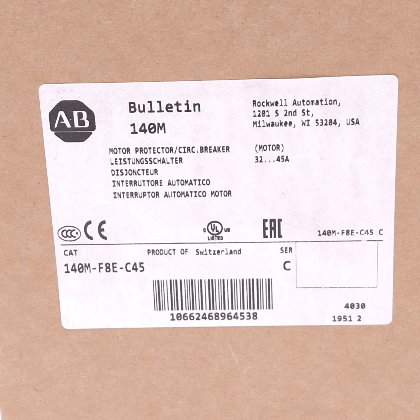 New Allen Bradley 140M-F8E-C45 Motor Protection Circuit Breaker, 3-Pole 32-45A