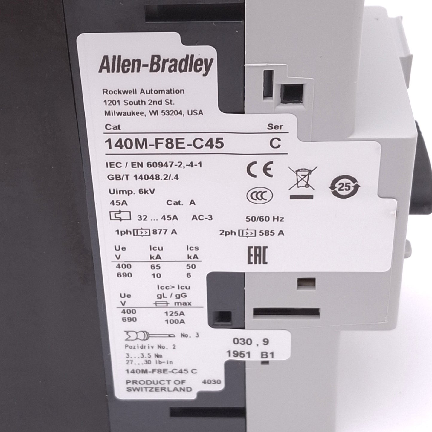 New Allen Bradley 140M-F8E-C45 Motor Protection Circuit Breaker, 3-Pole 32-45A