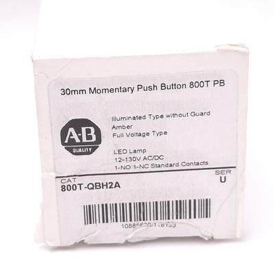 New Allen Bradley 800T-QBH2A Amber Illuminated Pushbutton, 30mm, 1NO 1NC, 12-130V