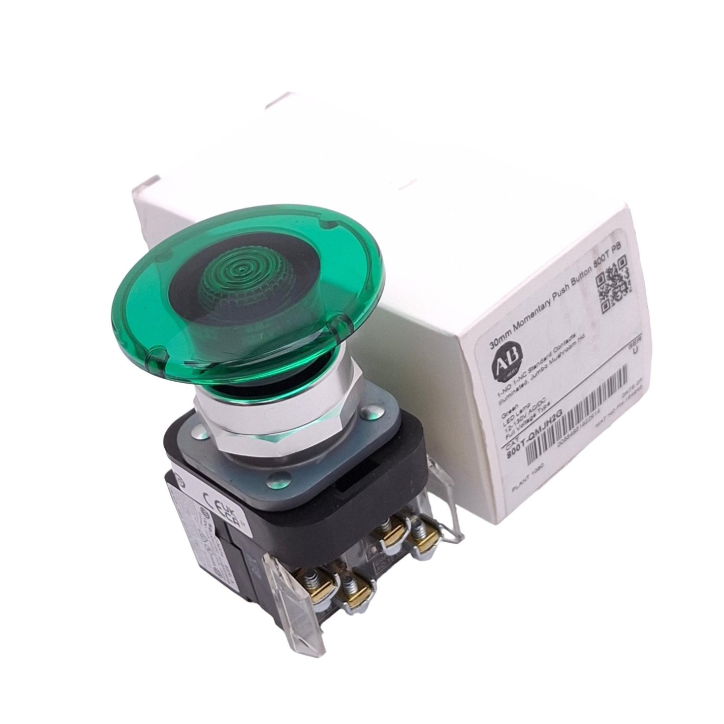 New Allen Bradley 800T-QMJH2G Illuminated Green Mushroom Pushbutton, 30mm, 1NO 1NC