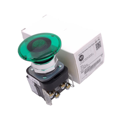 New Allen Bradley 800T-QMJH2G Illuminated Green Mushroom Pushbutton, 30mm, 1NO 1NC