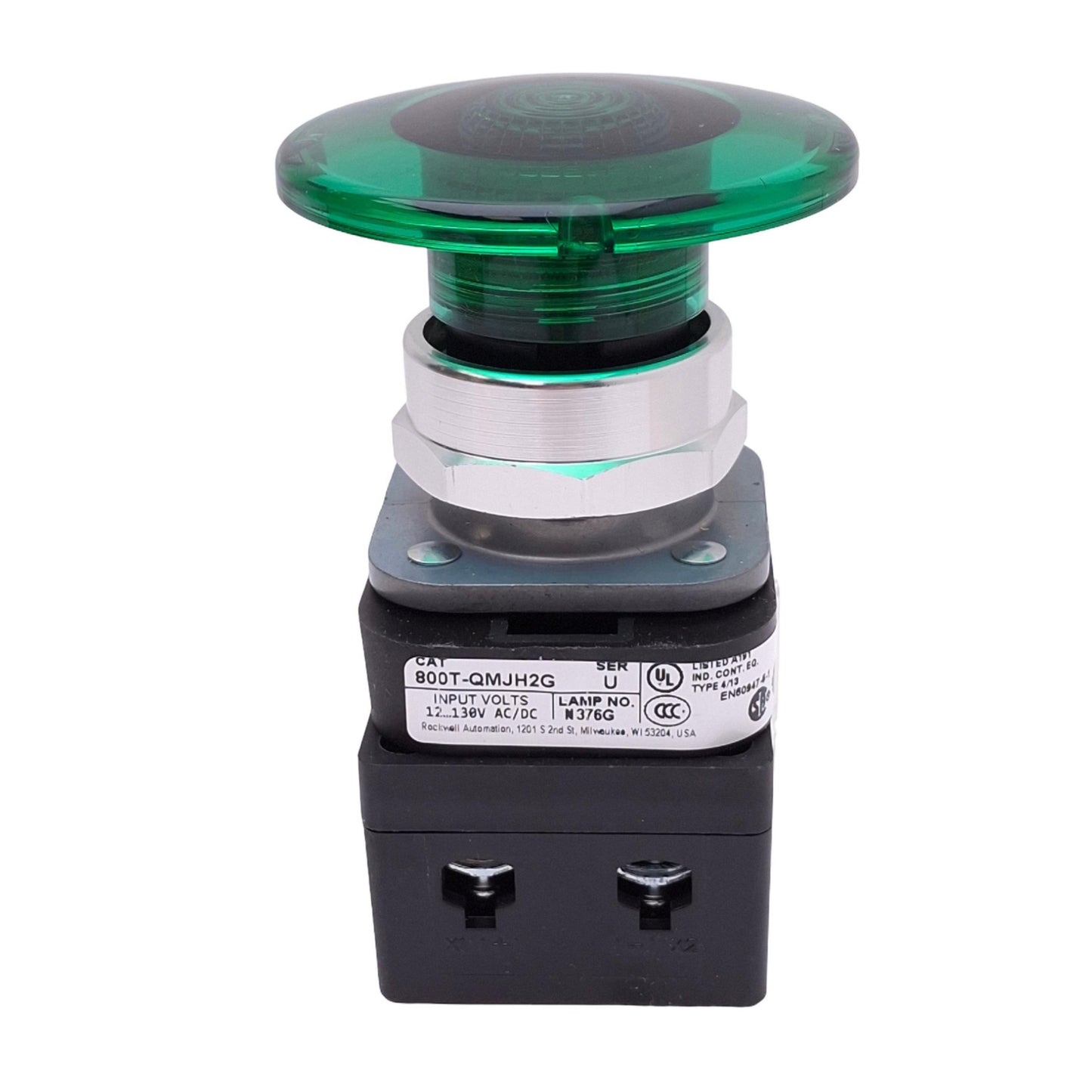 New Allen Bradley 800T-QMJH2G Illuminated Green Mushroom Pushbutton, 30mm, 1NO 1NC