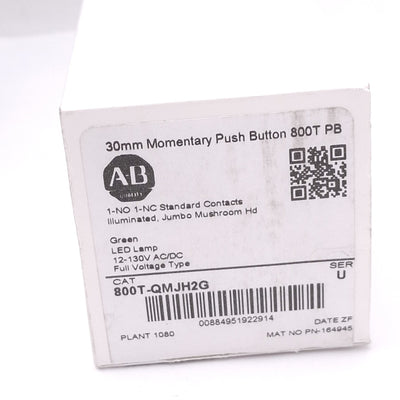 New Allen Bradley 800T-QMJH2G Illuminated Green Mushroom Pushbutton, 30mm, 1NO 1NC