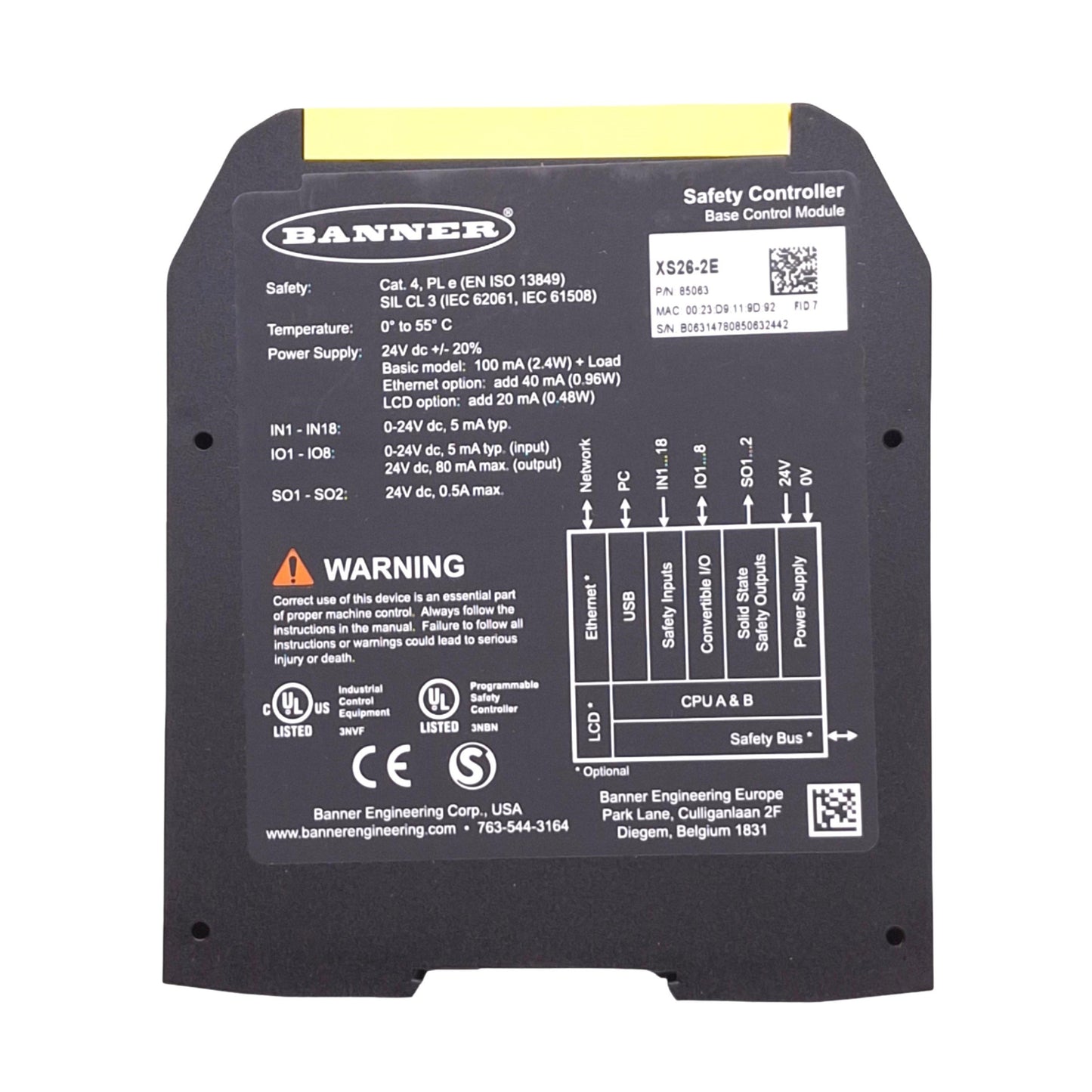 New Banner XS26-2E Machine Safety Controller, 26 Inputs, 2-Pair PNP Outputs, 24VDC