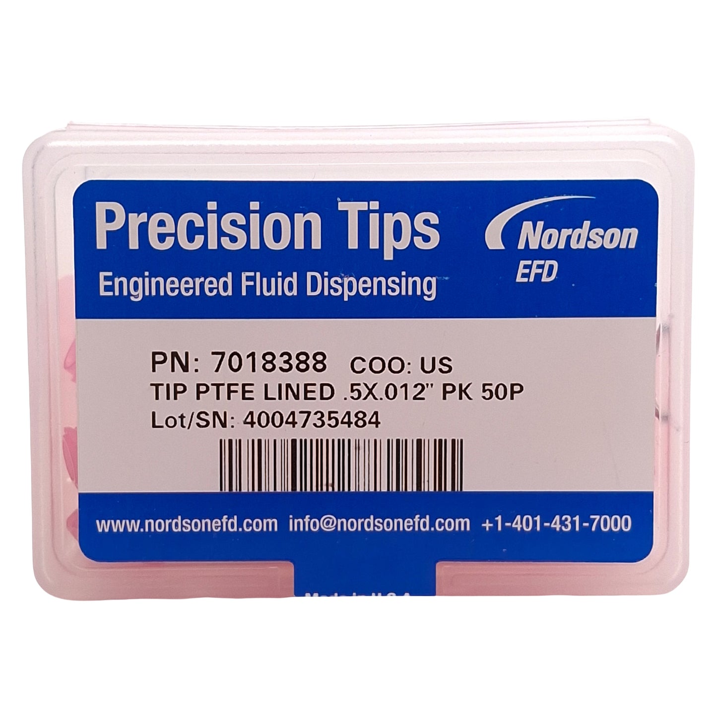 New Nordson EFD 7018388 Precision PTFE-Lined Tips, Pink, 0.5in x 0.012in ID, 50/Box
