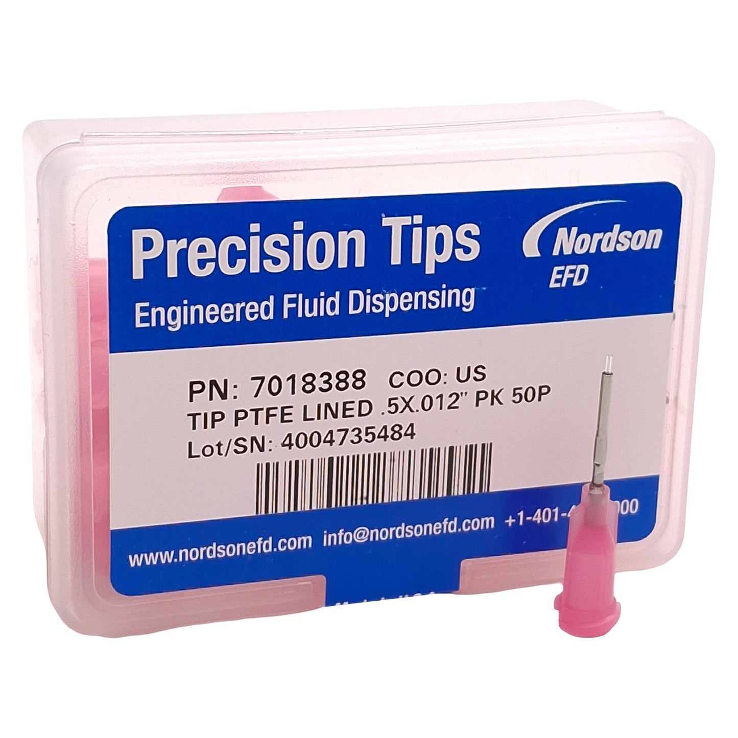 New Nordson EFD 7018388 Precision PTFE-Lined Tips, Pink, 0.5in x 0.012in ID, 50/Box