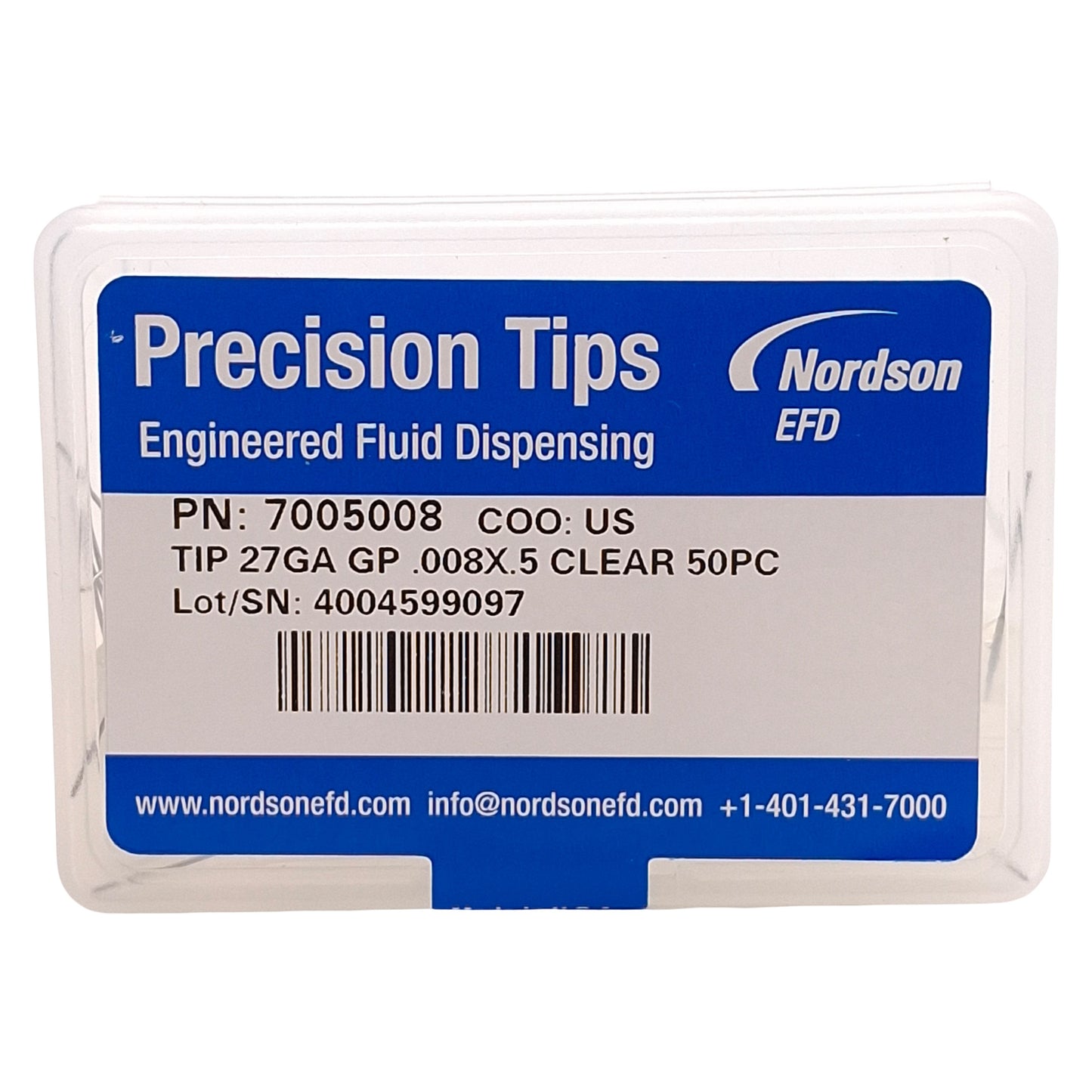 New Nordson EFD 7005008 Precision SS Tips, Clear, 27GA, 0.008in ID x 0.5in L, 50/Box