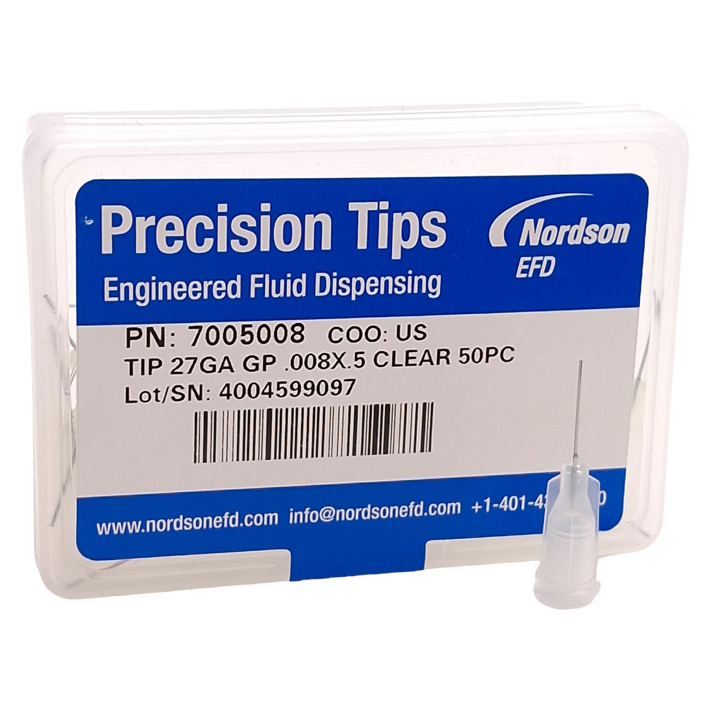 New Nordson EFD 7005008 Precision SS Tips, Clear, 27GA, 0.008in ID x 0.5in L, 50/Box