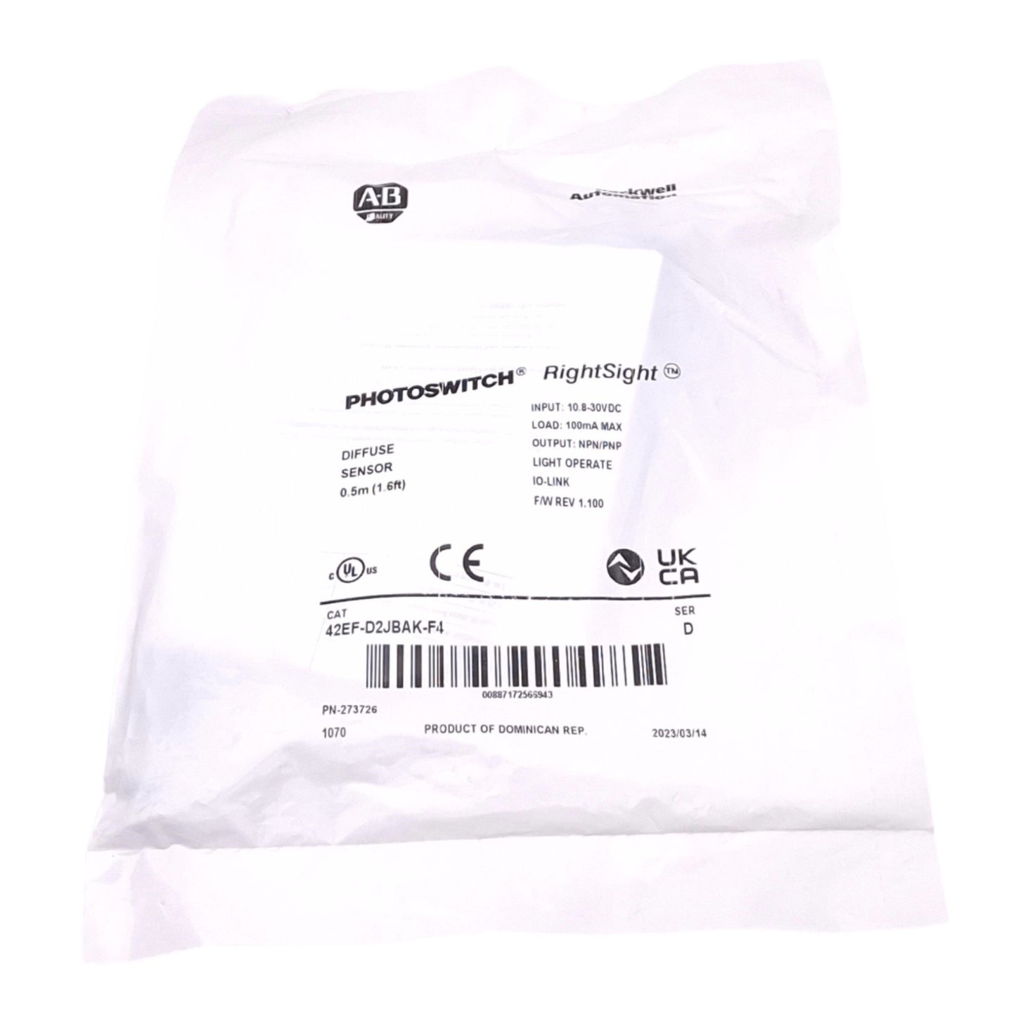 New Allen Bradley 42EF-D2JBAK-F4 Photoelectric Sensor, 10.8-30VDC In, NPN/PNP Out
