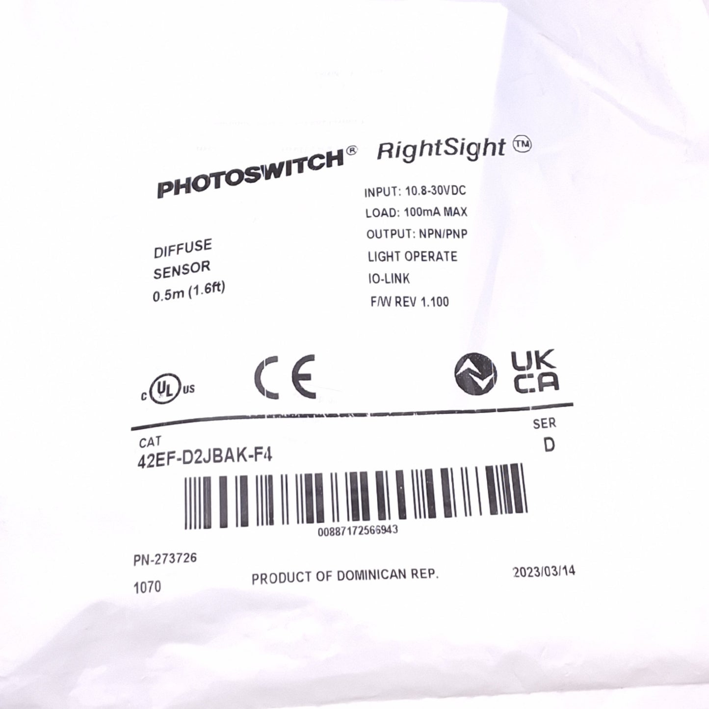 New Allen Bradley 42EF-D2JBAK-F4 Photoelectric Sensor, 10.8-30VDC In, NPN/PNP Out