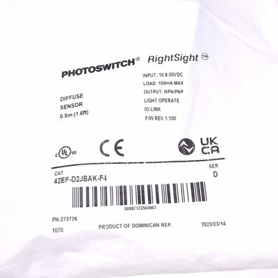 New Allen Bradley 42EF-D2JBAK-F4 Photoelectric Sensor, 10.8-30VDC In, NPN/PNP Out
