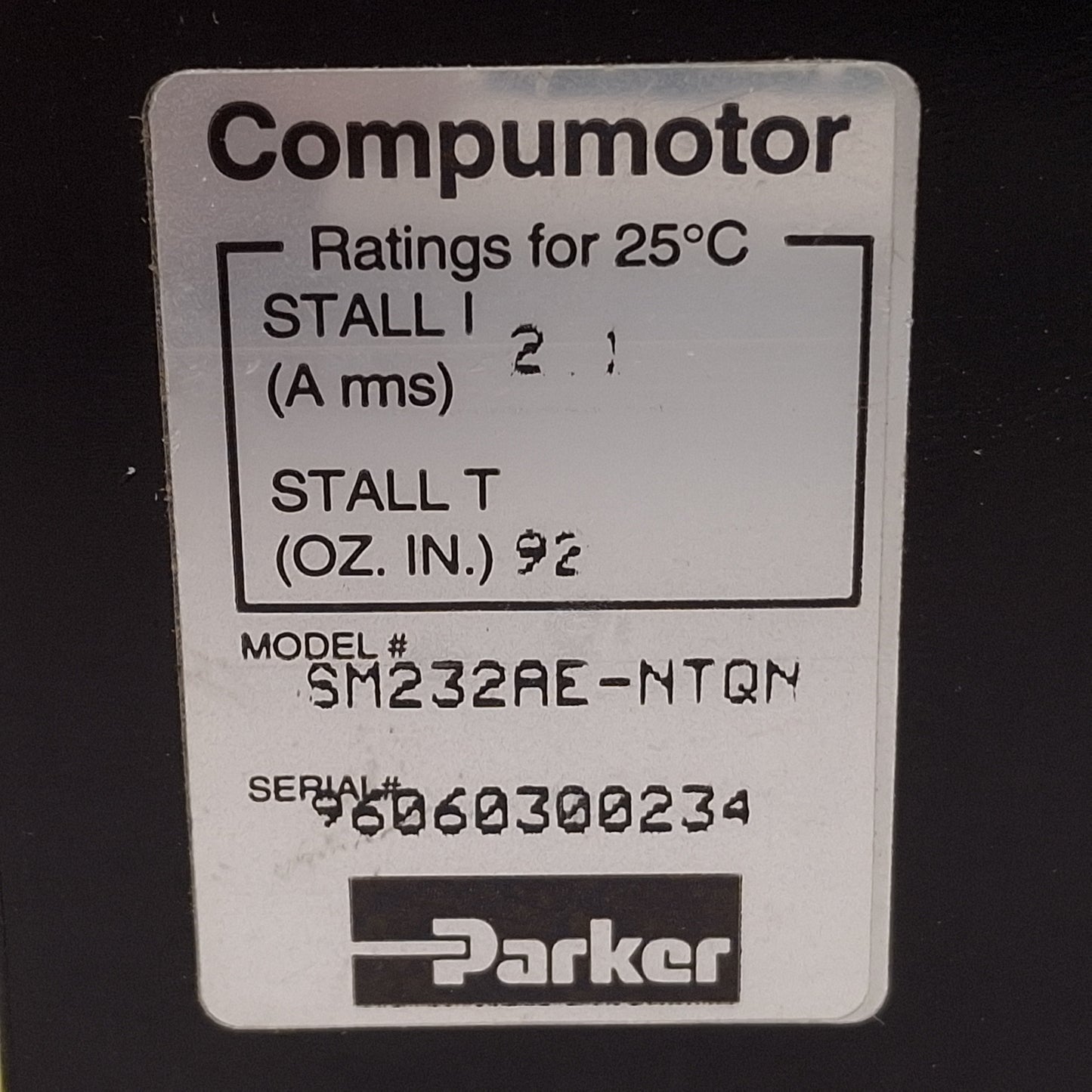 Used Parker SM232AE-NTQN Servo Motor, 260W, 1000ppr, 4500rpm, ø3/8in Shaft, NEMA 23
