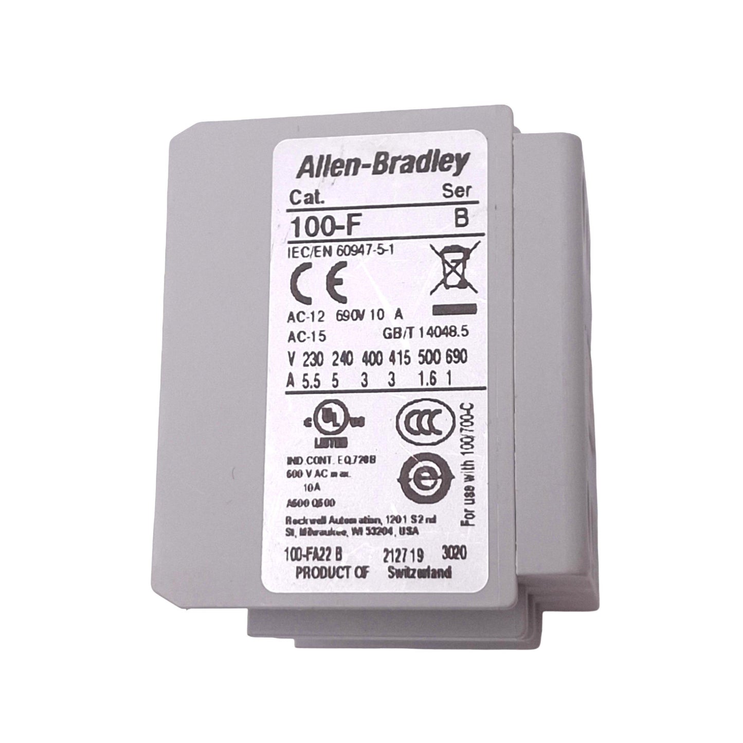 Used Allen Bradley 100-FA22 Auxiliary Contact Block, 2NO 2NC 600VAC 10A, Front Mount
