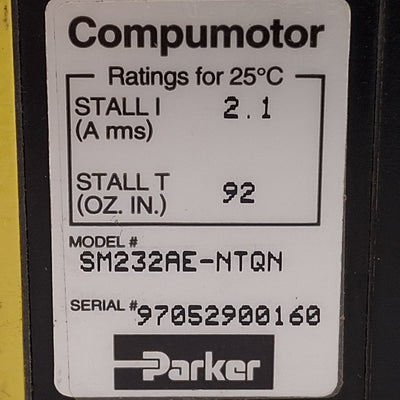 Used Parker SM232AE-NTQN Servo Motor, 260W, 4500rpm, 1000ppr, ø3/8in Shaft, NEMA 23