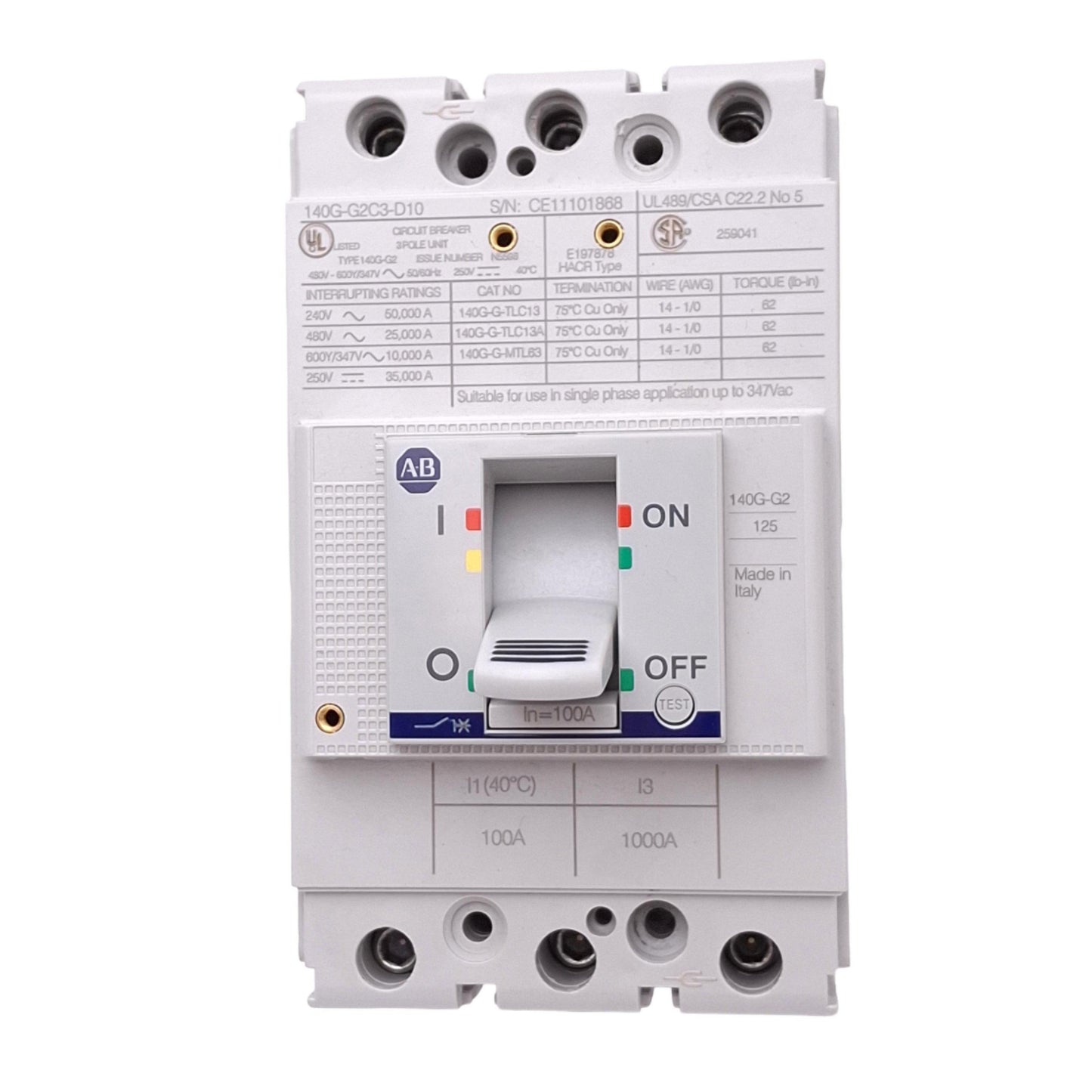 Used Allen Bradley 140G-G2C3-D10 Circuit Breaker, 3-Pole 100A, 600Y/347VAC Max