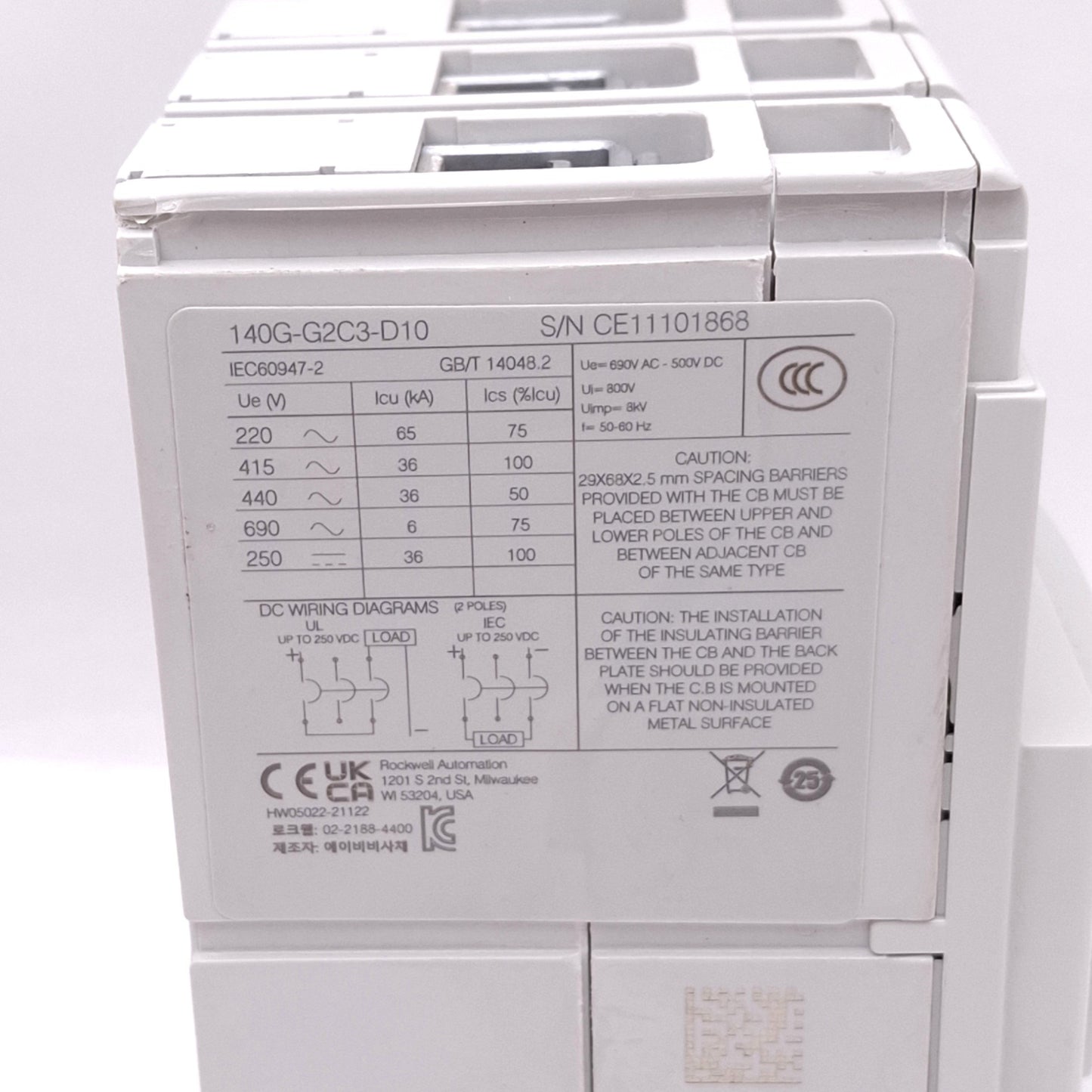 Used Allen Bradley 140G-G2C3-D10 Circuit Breaker, 3-Pole 100A, 600Y/347VAC Max