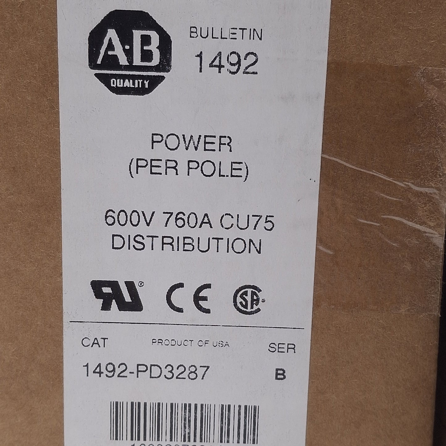 New Allen Bradley 1492-PD3287 Power Distribution Block, 3-Pole 760A 600VAC, Aluminum