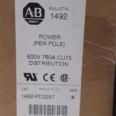 New Allen Bradley 1492-PD3287 Power Distribution Block, 3-Pole 760A 600VAC, Aluminum
