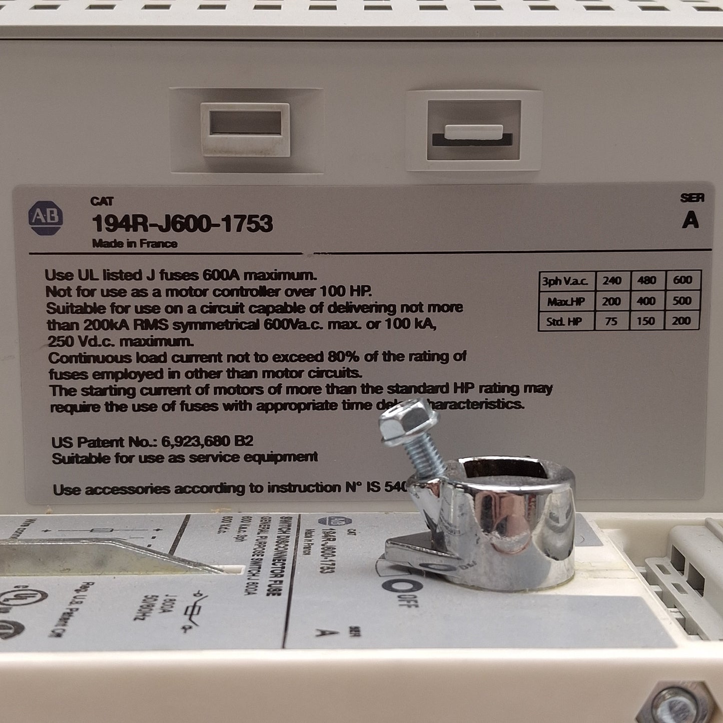 New – Open box Allen Bradley 194R-J600-1753 Fusible Disconnect Switch, 3-Pole, 600VAC/DC 600A