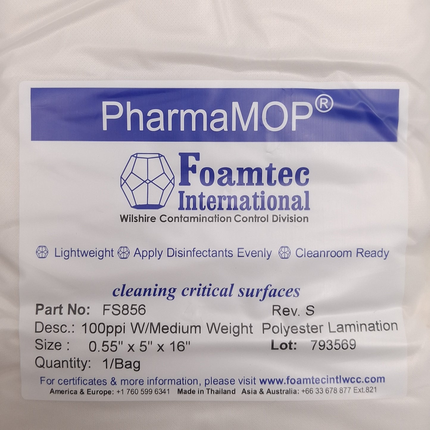 New Foamtec FS856 PharmaMOP Flat Mop Head, Polyester, 0.55in x 5in x 16in, 10/Bag
