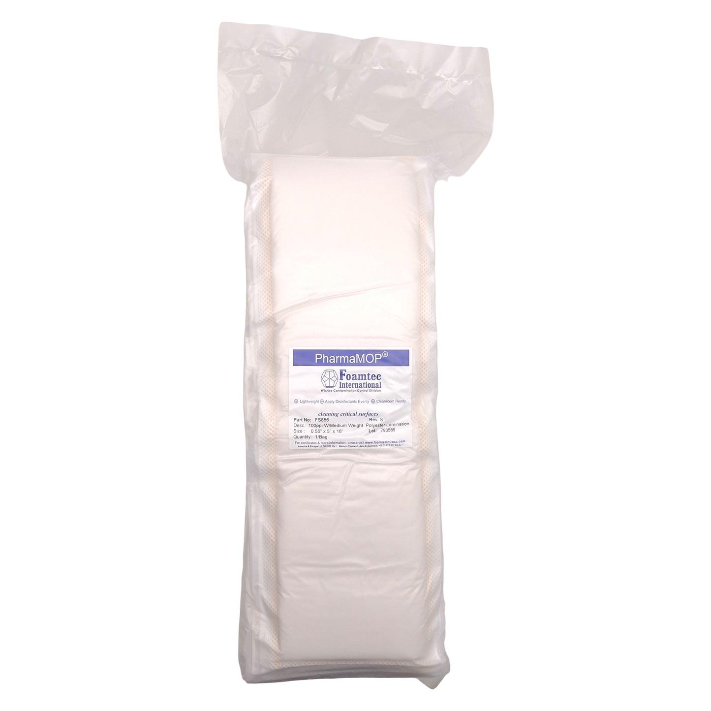 New Foamtec FS856 PharmaMOP Flat Mop Head, Polyester, 0.55in x 5in x 16in, 10/Bag