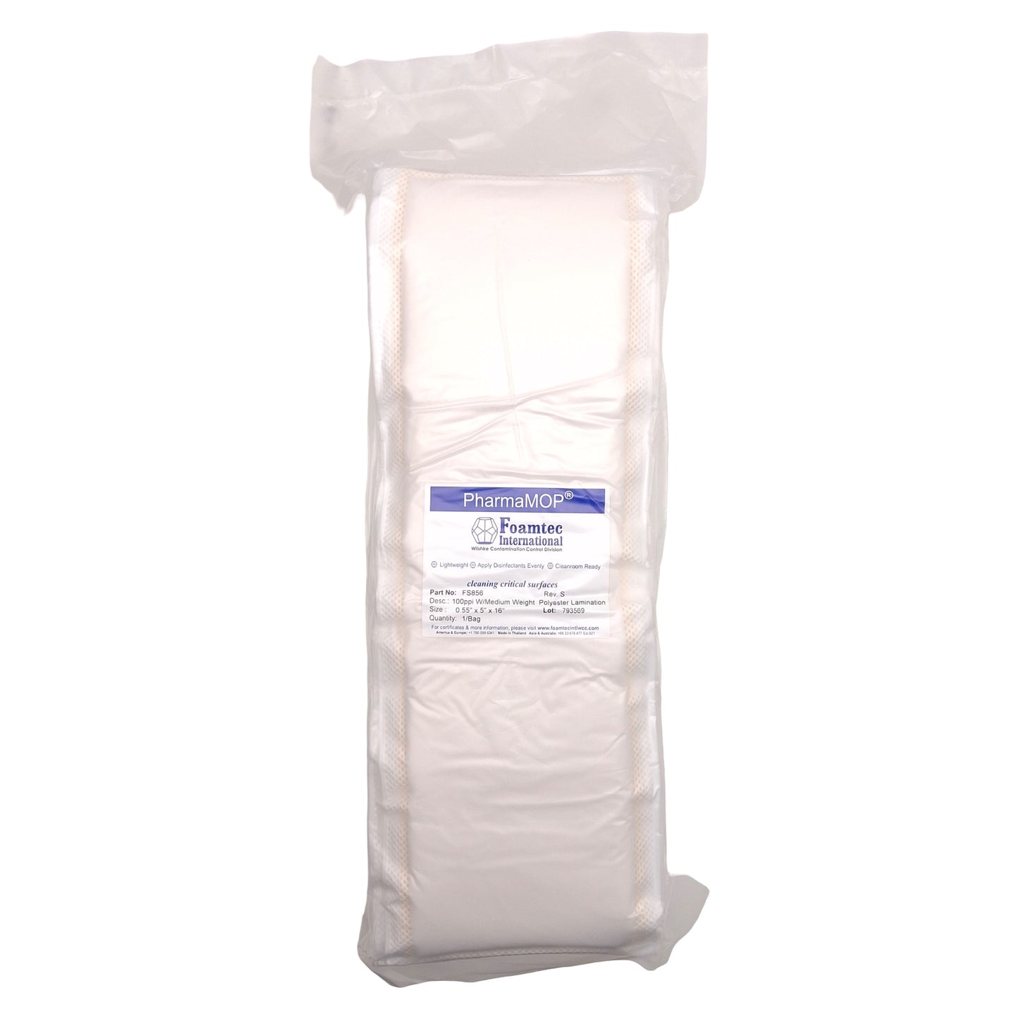 New Foamtec FS856 PharmaMOP Flat Mop Head, Polyester, 0.55in x 5in x 16in, 10/Bag